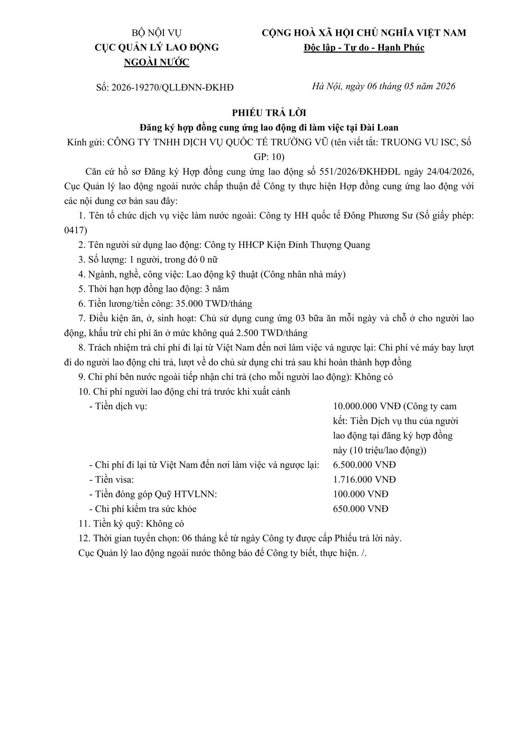 Phiếu trả lời đăng kí hợp đồng cung ứng lao động đi làm việc tại nước ngoài tháng 5 năm 2026