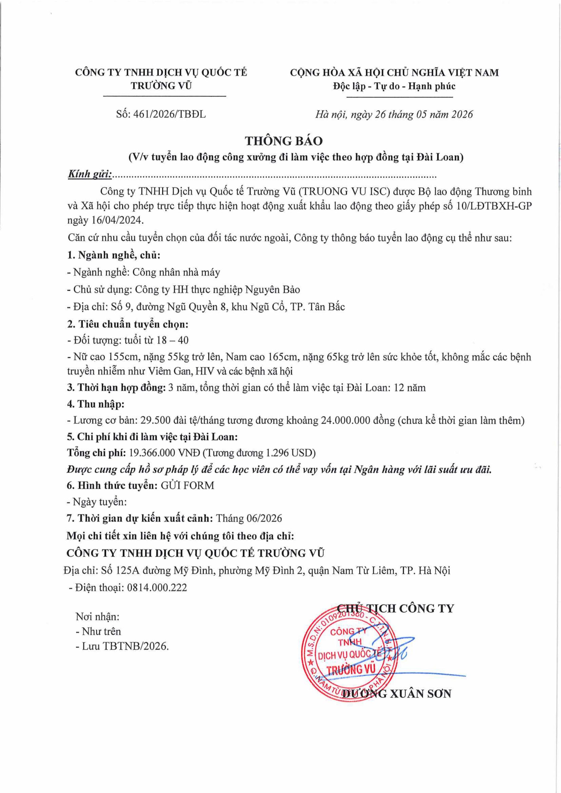 Thông báo tuyển lao động đi làm việc tại thị trường nước ngoài tháng 5 năm 2026
