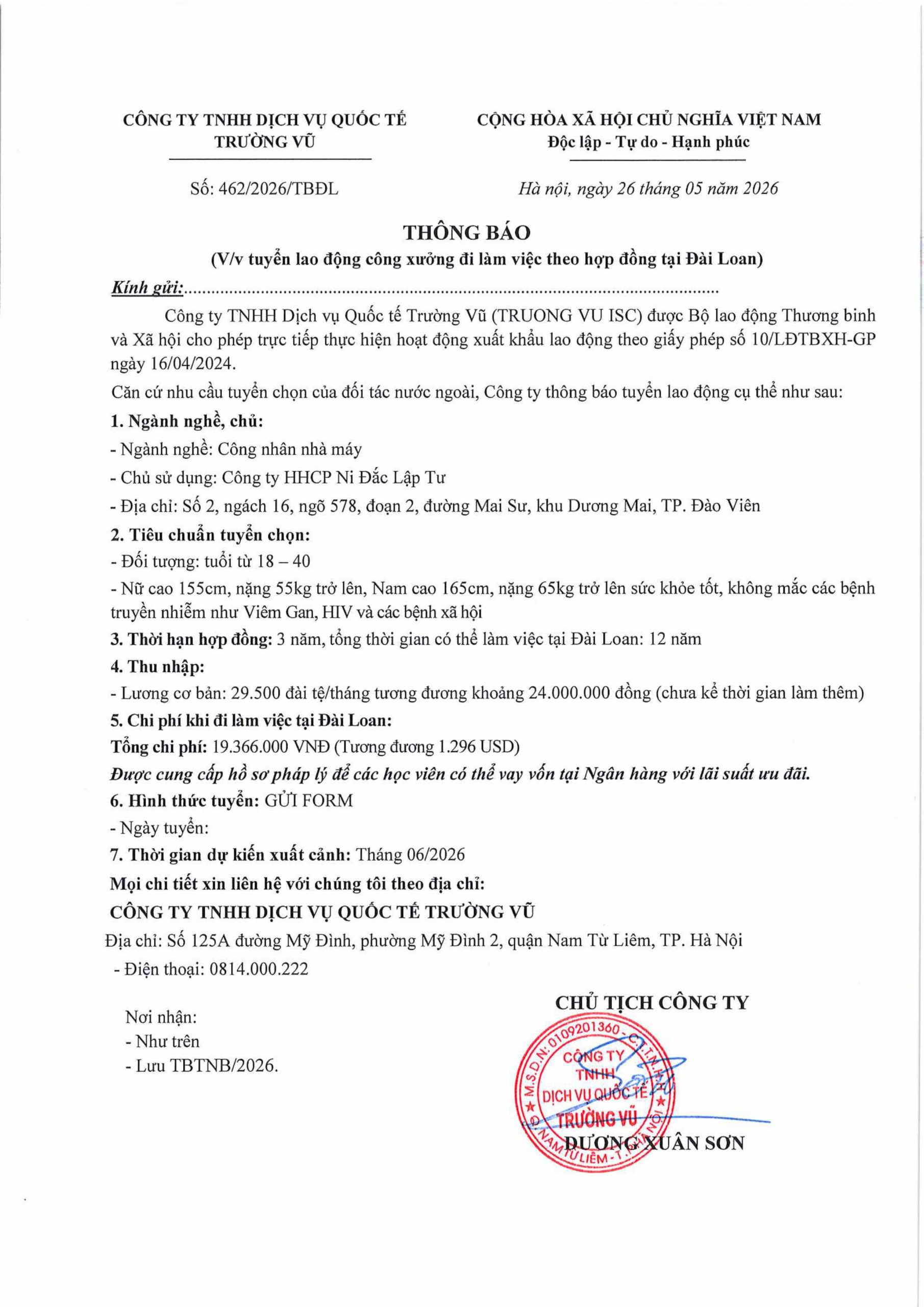 Thông báo tuyển lao động đi làm việc tại thị trường nước ngoài tháng 5 năm 2026