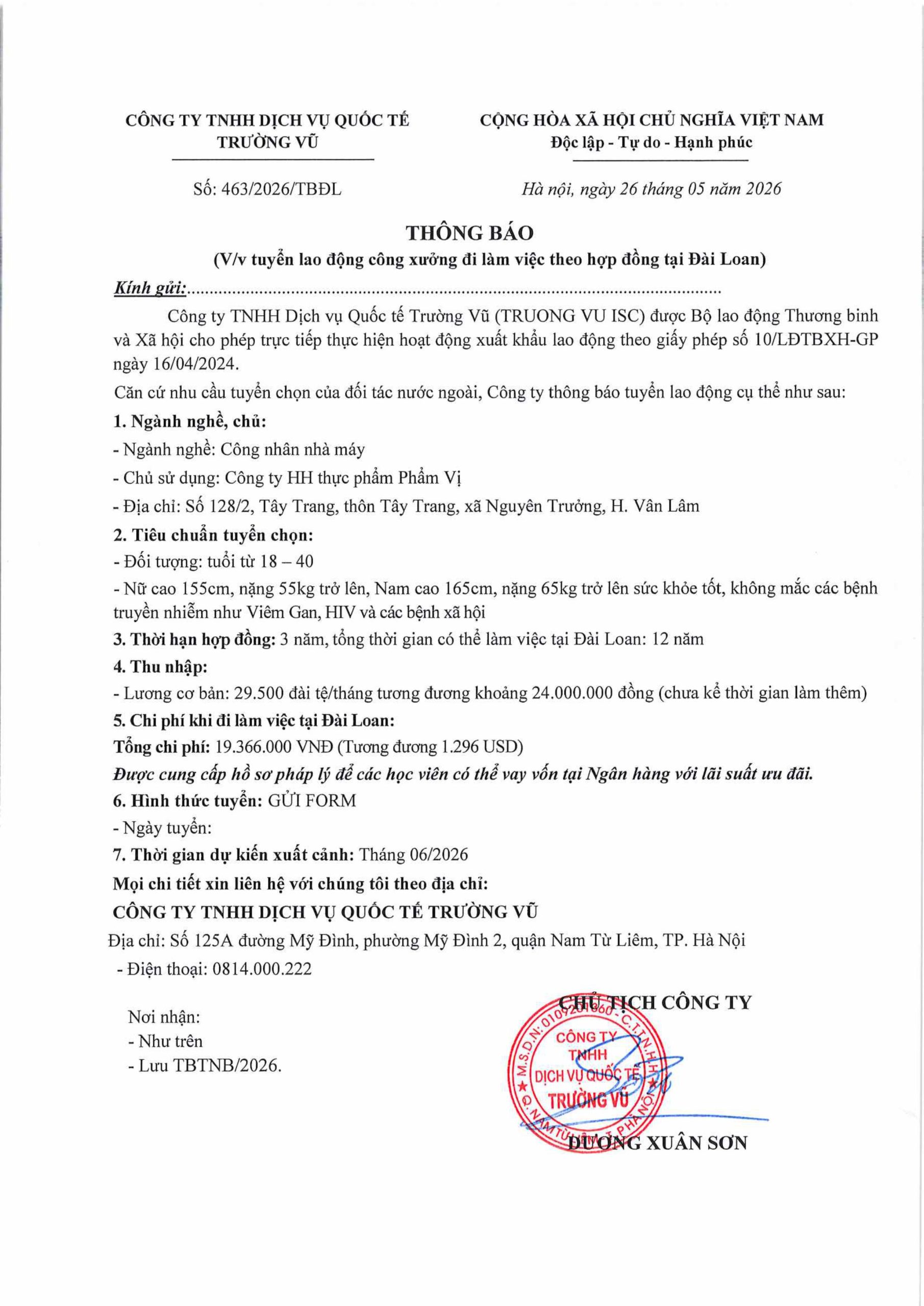 Thông báo tuyển lao động đi làm việc tại thị trường nước ngoài tháng 5 năm 2026