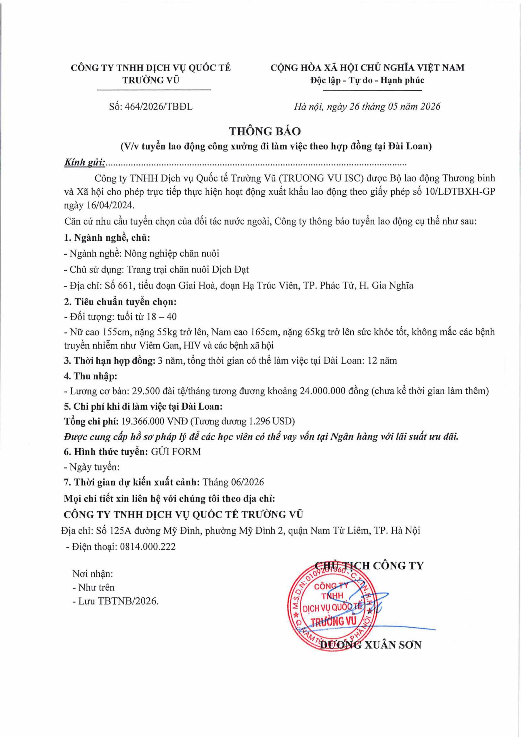 Thông báo tuyển lao động đi làm việc tại thị trường nước ngoài tháng 5 năm 2026