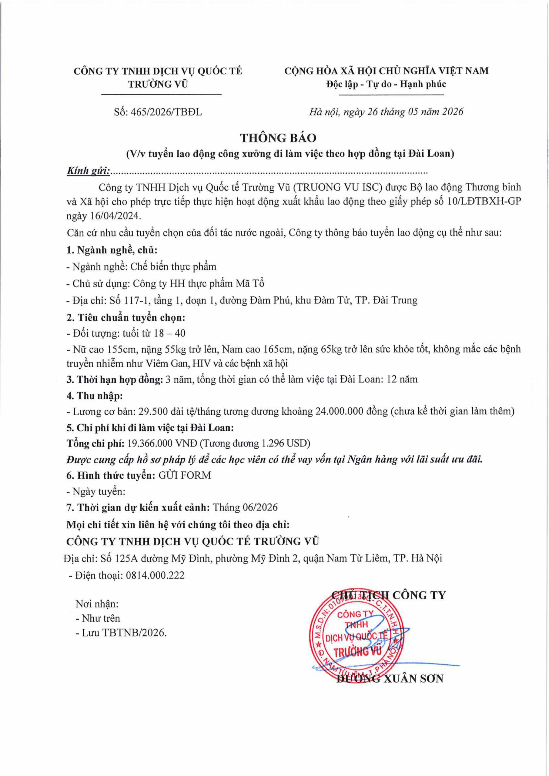 Thông báo tuyển lao động đi làm việc tại thị trường nước ngoài tháng 5 năm 2026