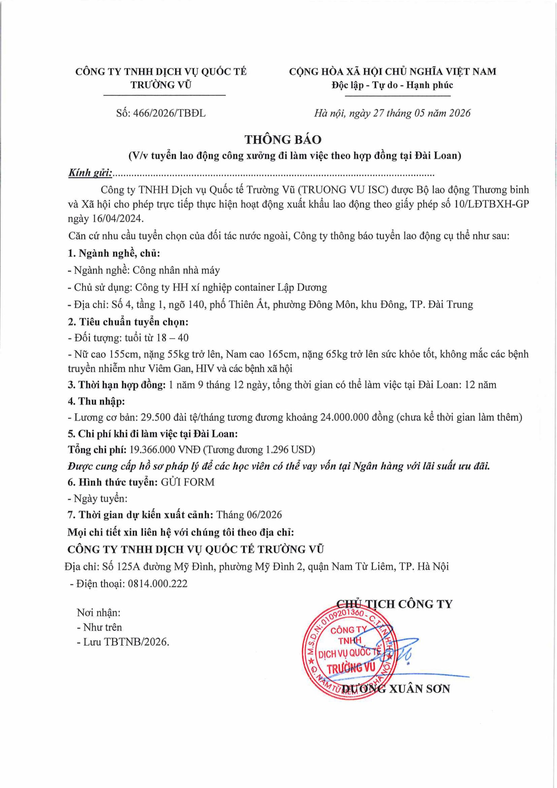 Thông báo tuyển lao động đi làm việc tại thị trường nước ngoài tháng 5 năm 2026