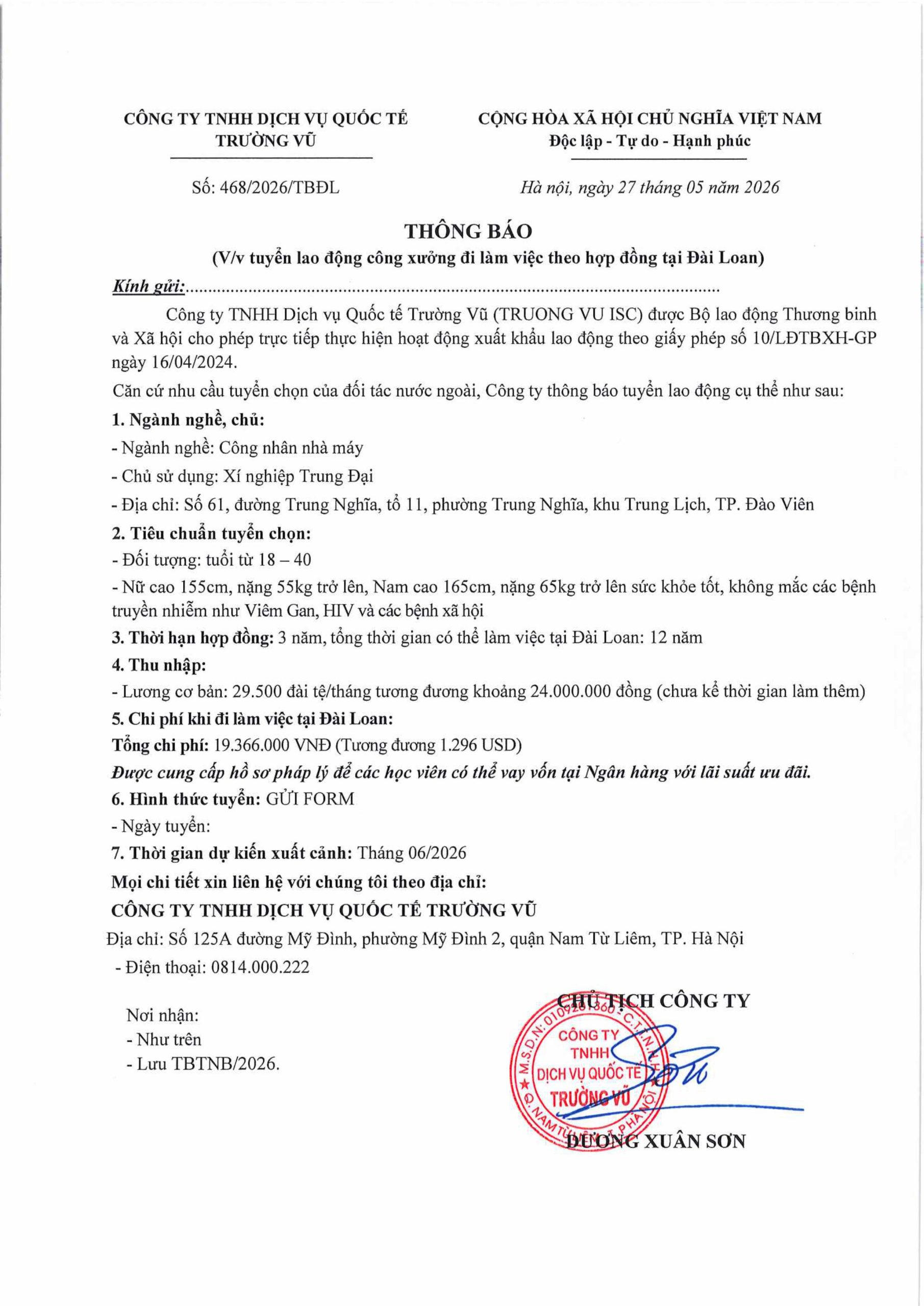 Thông báo tuyển lao động đi làm việc tại thị trường nước ngoài tháng 5 năm 2026