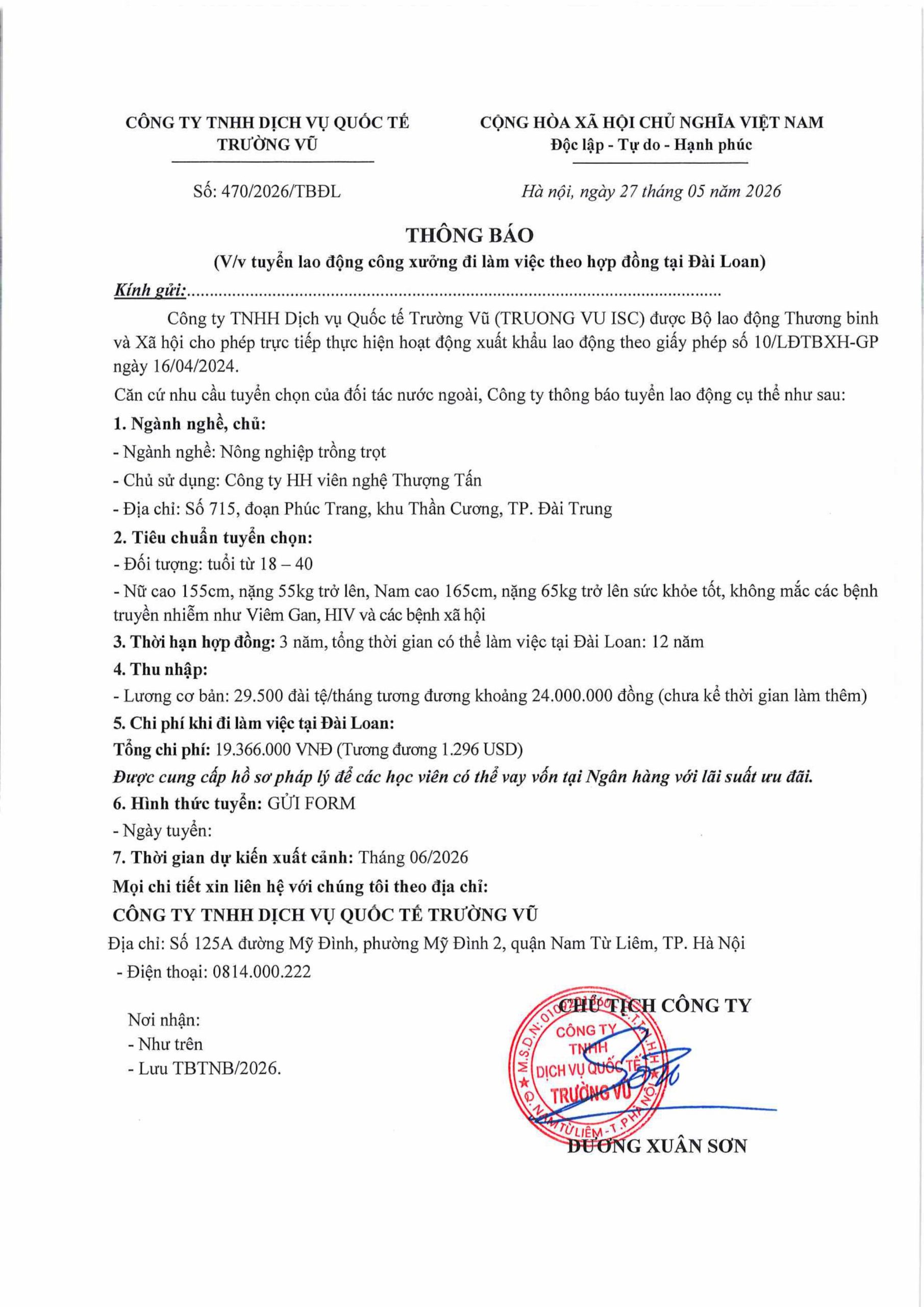 Thông báo tuyển lao động đi làm việc tại thị trường nước ngoài tháng 5 năm 2026