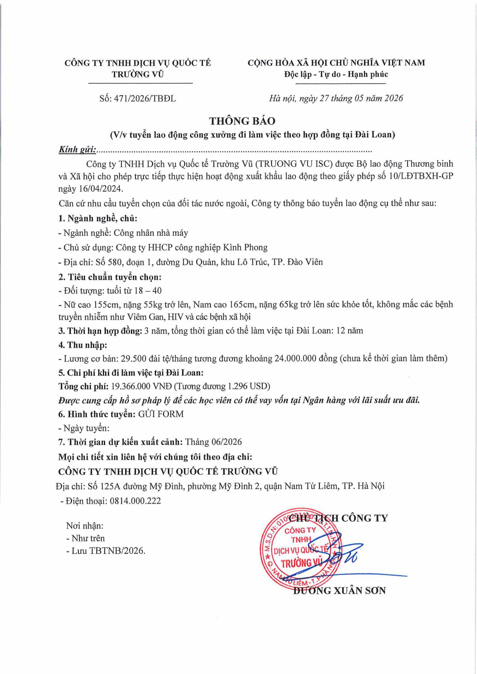 Thông báo tuyển lao động đi làm việc tại thị trường nước ngoài tháng 5 năm 2026