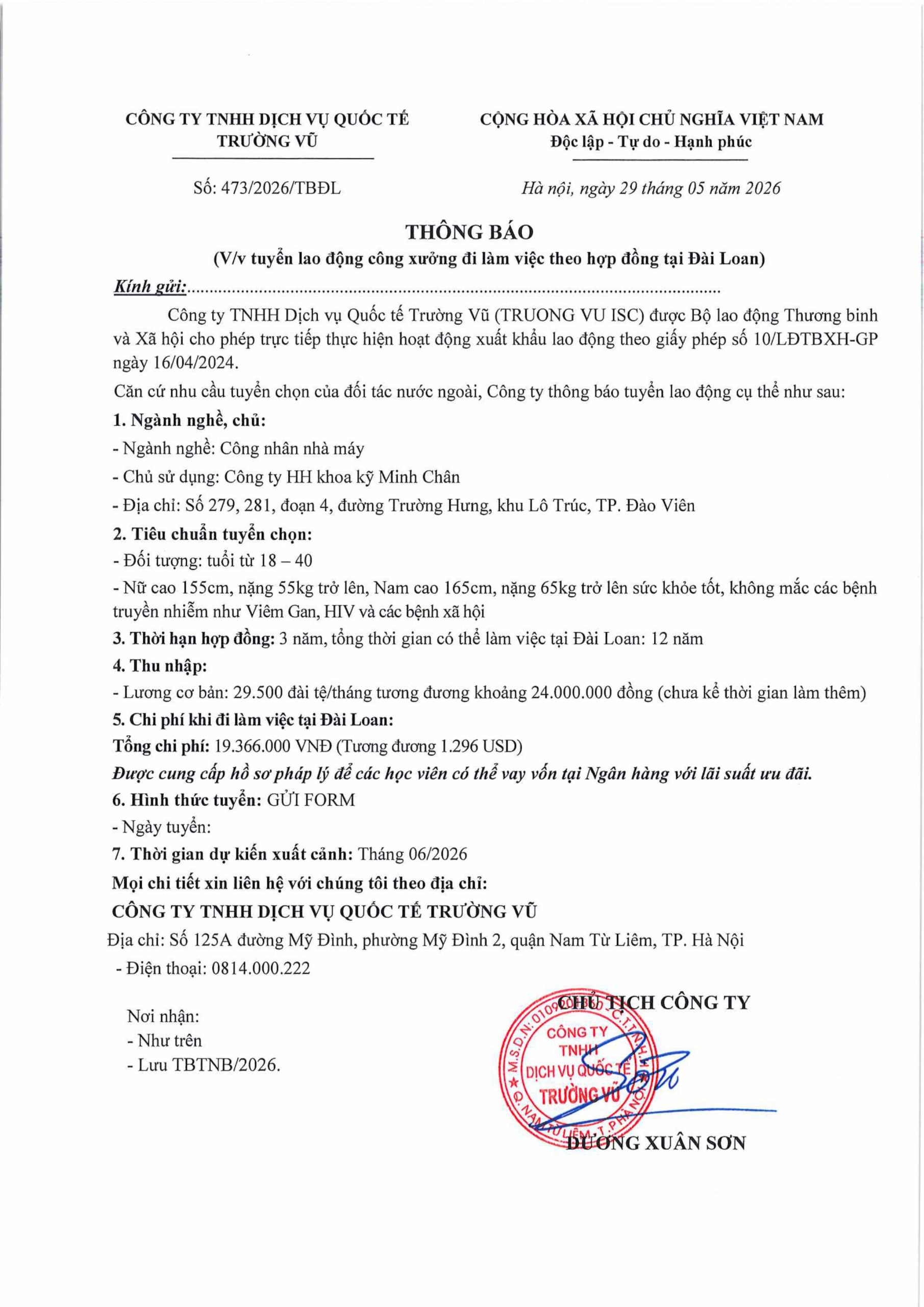 Thông báo tuyển lao động đi làm việc tại thị trường nước ngoài tháng 5 năm 2026
