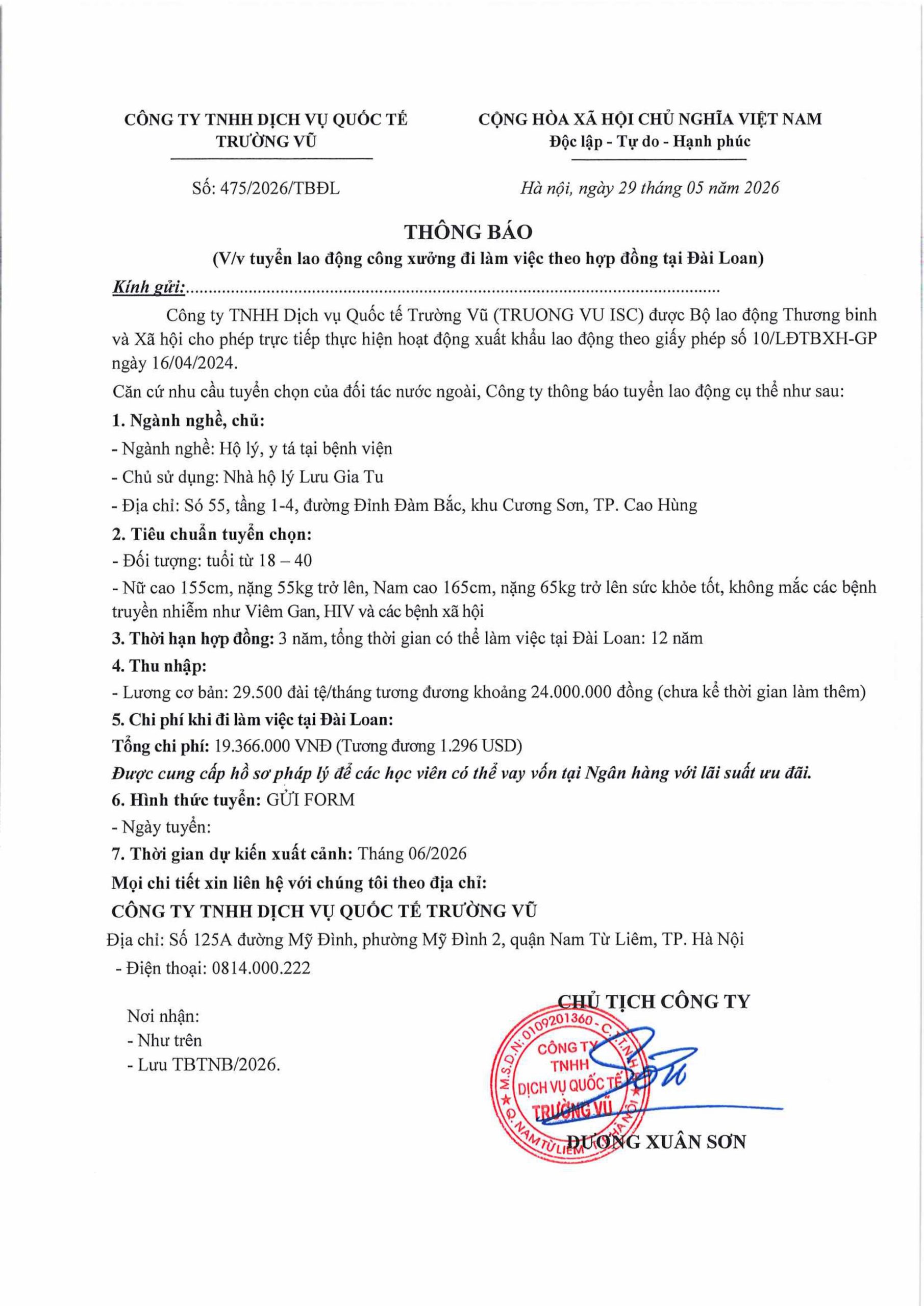 Thông báo tuyển lao động đi làm việc tại thị trường nước ngoài tháng 5 năm 2026