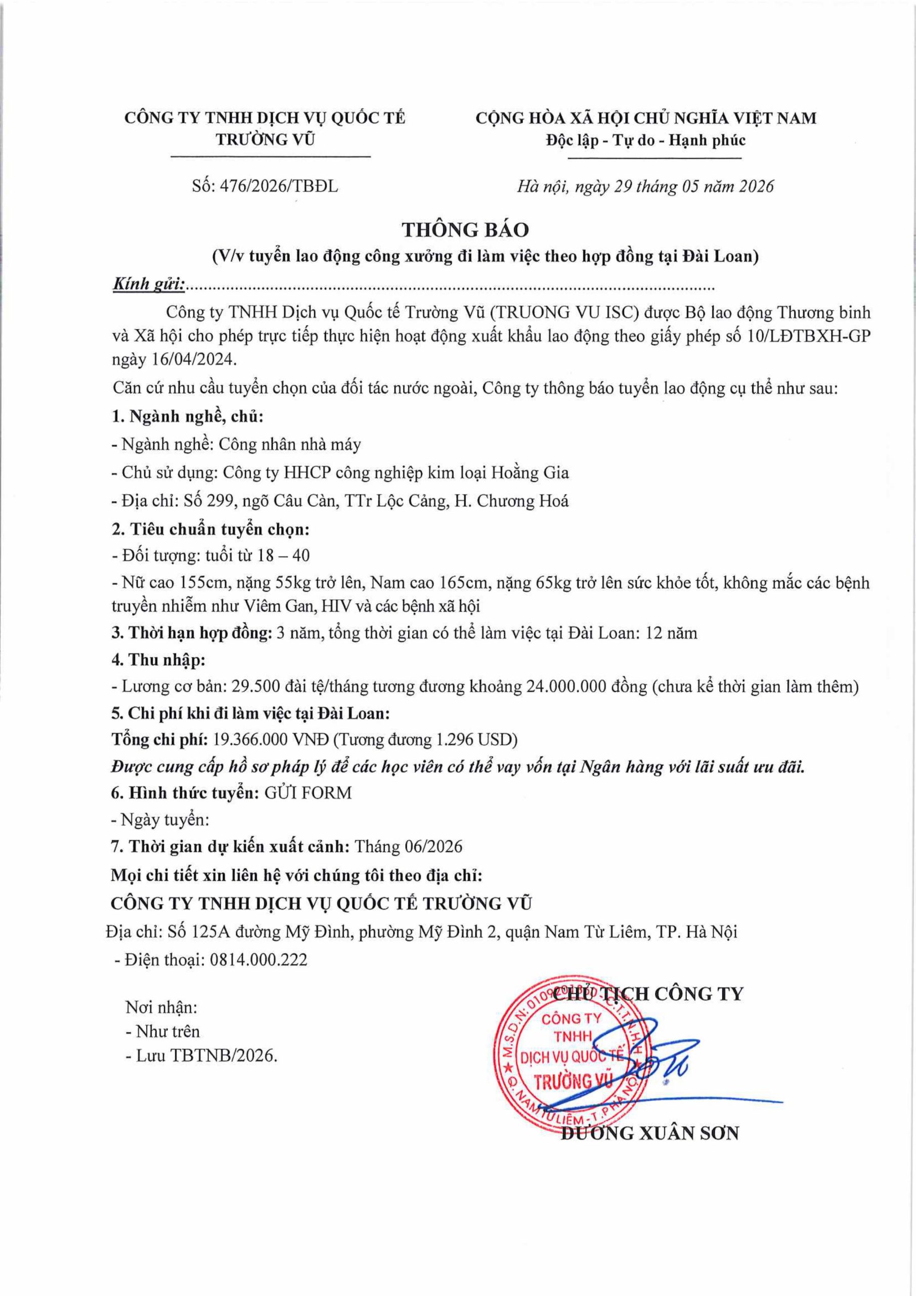 Thông báo tuyển lao động đi làm việc tại thị trường nước ngoài tháng 5 năm 2026