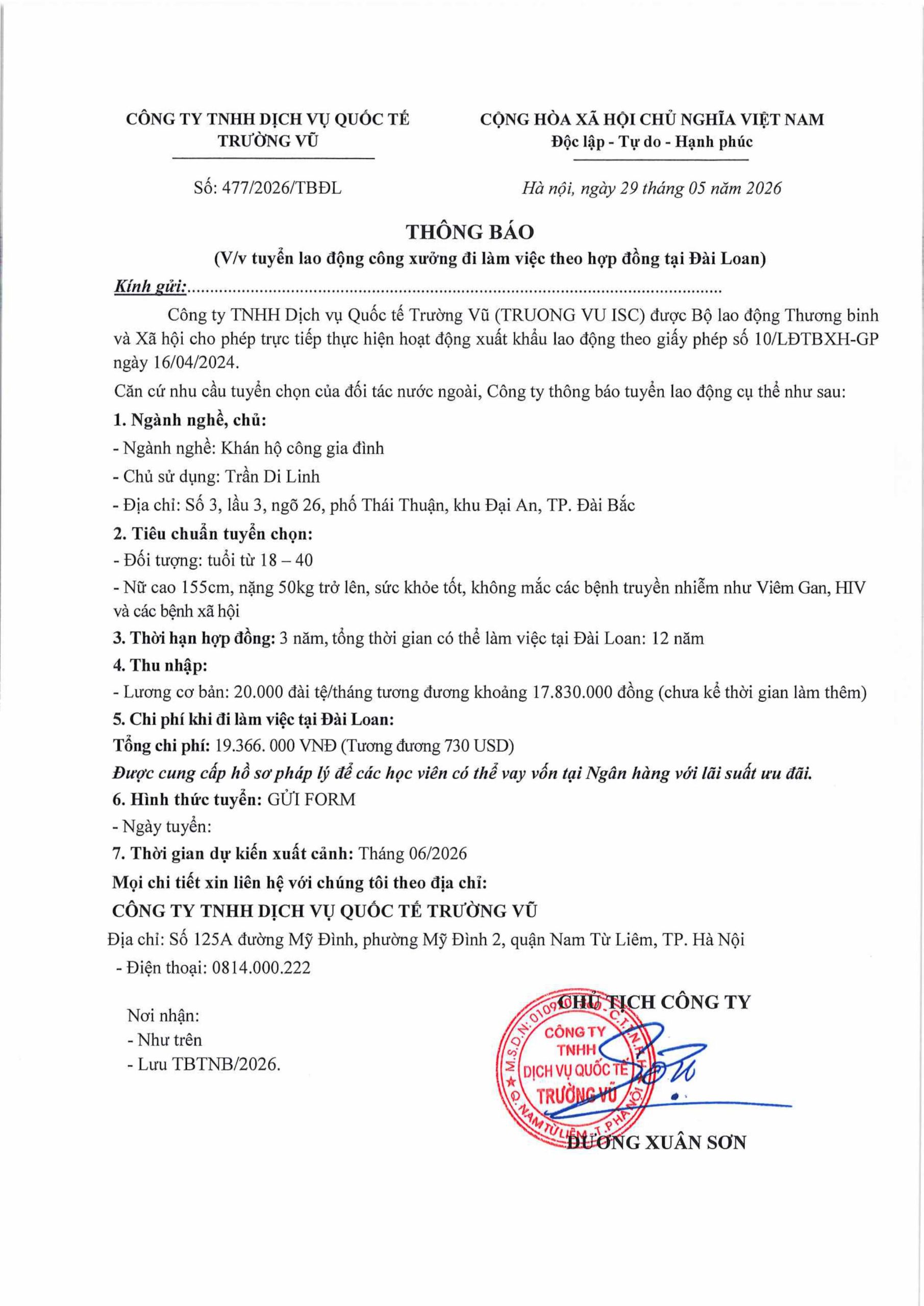 Thông báo tuyển lao động đi làm việc tại thị trường nước ngoài tháng 5 năm 2026