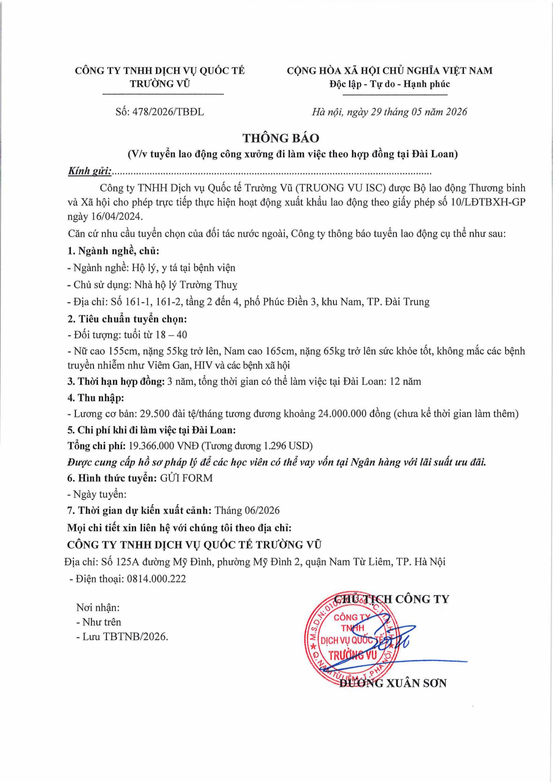 Thông báo tuyển lao động đi làm việc tại thị trường nước ngoài tháng 5 năm 2026
