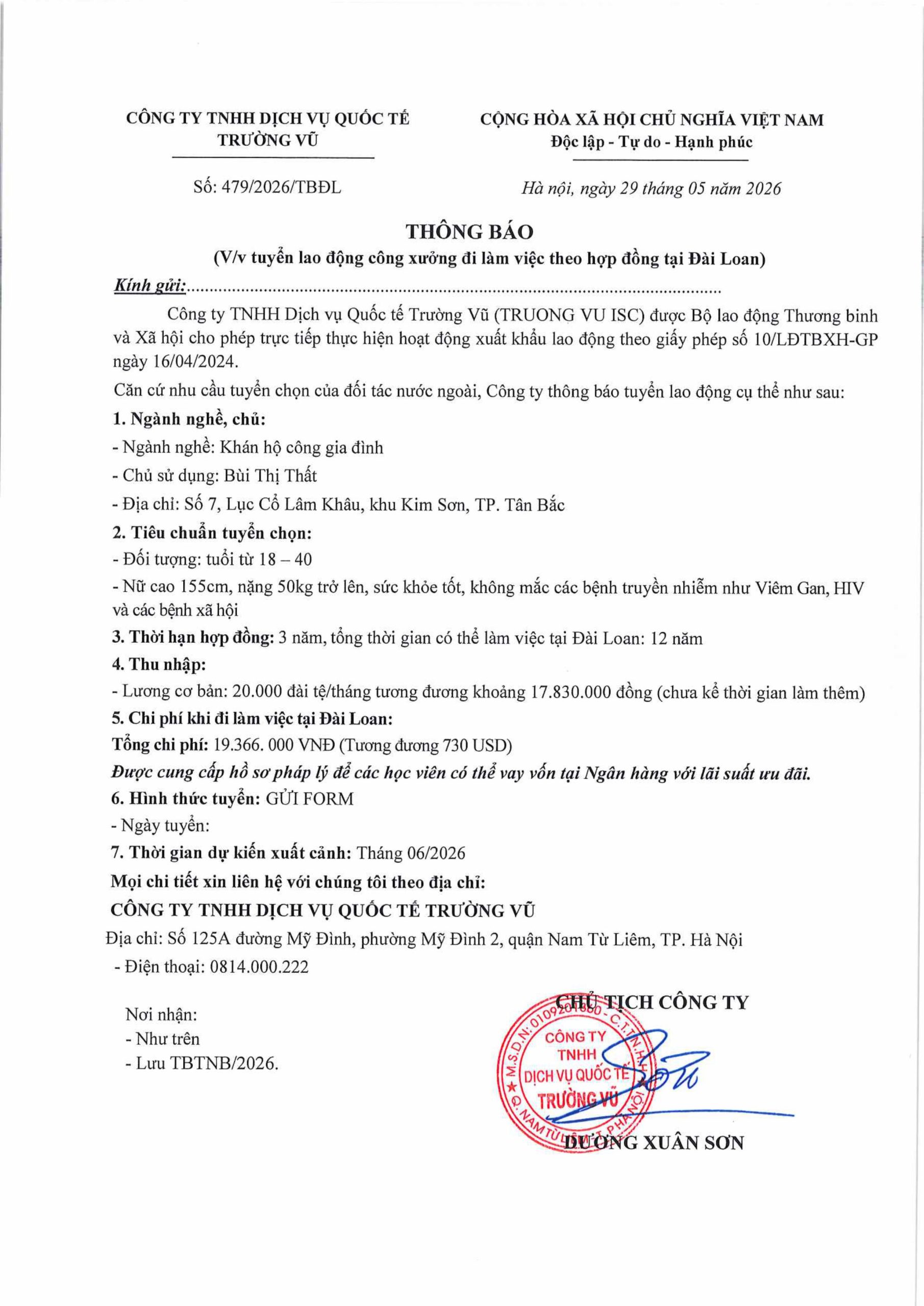 Thông báo tuyển lao động đi làm việc tại thị trường nước ngoài tháng 5 năm 2026