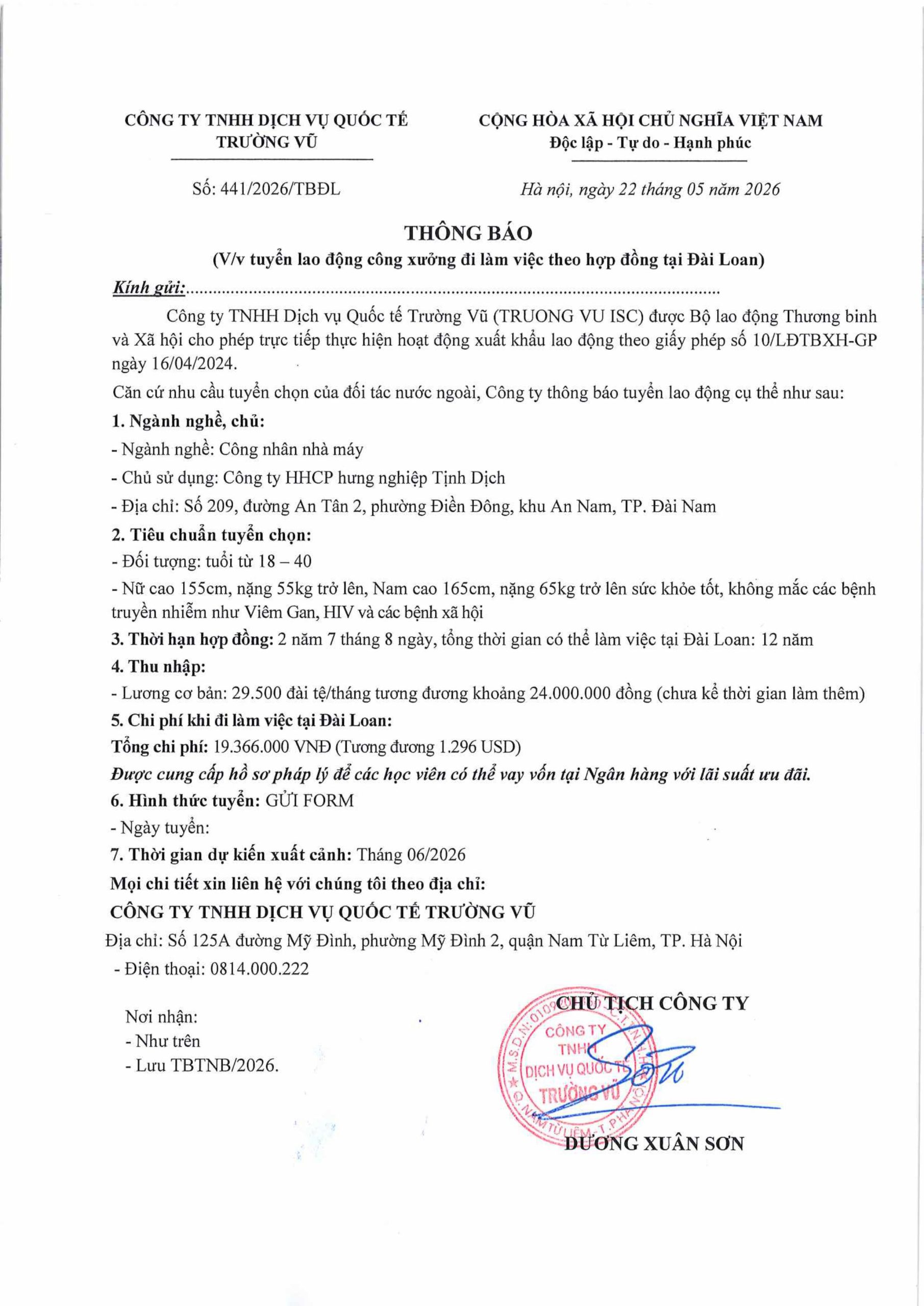 Thông báo tuyển lao động đi làm việc tại thị trường nước ngoài tháng 5 năm 2026