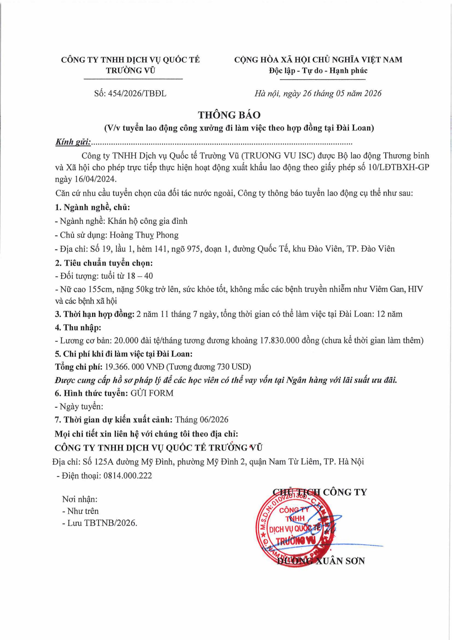 Thông báo tuyển lao động đi làm việc tại thị trường nước ngoài tháng 5 năm 2026