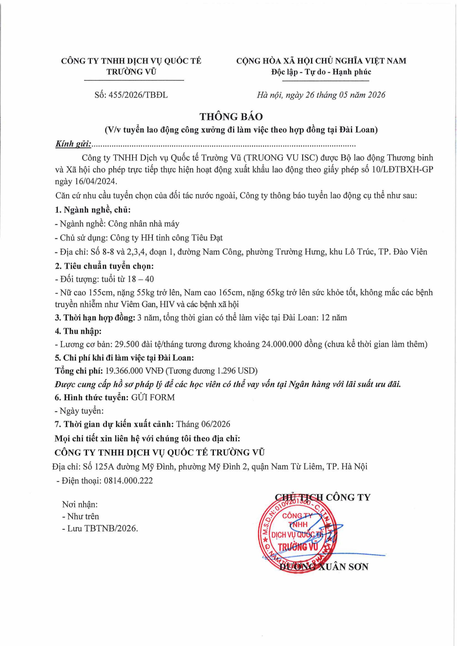 Thông báo tuyển lao động đi làm việc tại thị trường nước ngoài tháng 5 năm 2026