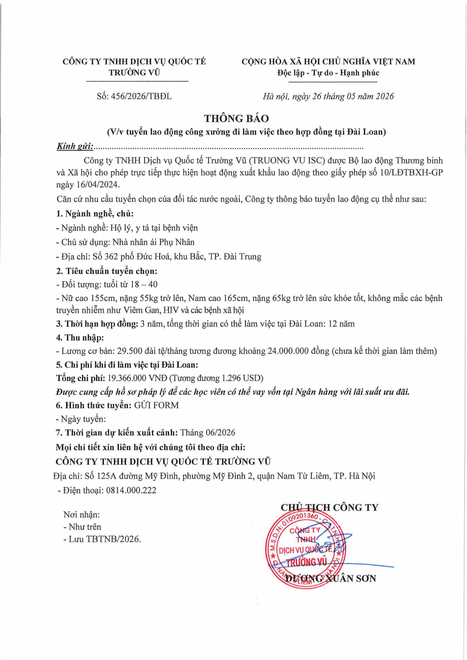 Thông báo tuyển lao động đi làm việc tại thị trường nước ngoài tháng 5 năm 2026