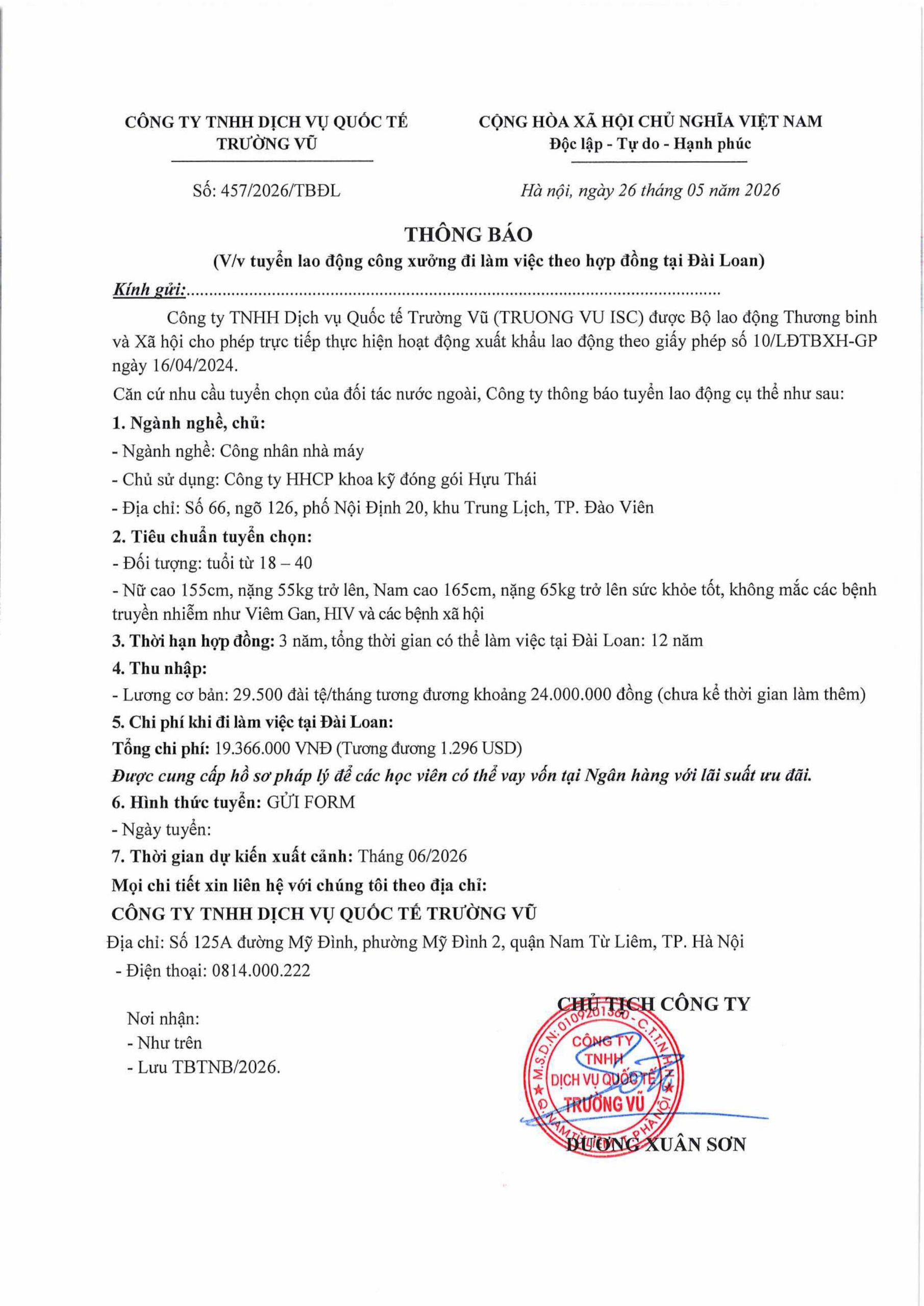 Thông báo tuyển lao động đi làm việc tại thị trường nước ngoài tháng 5 năm 2026