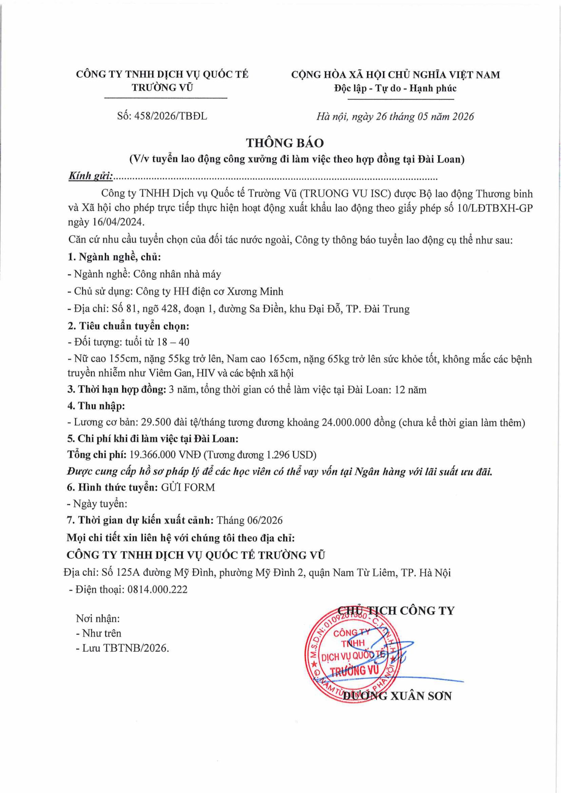 Thông báo tuyển lao động đi làm việc tại thị trường nước ngoài tháng 5 năm 2026