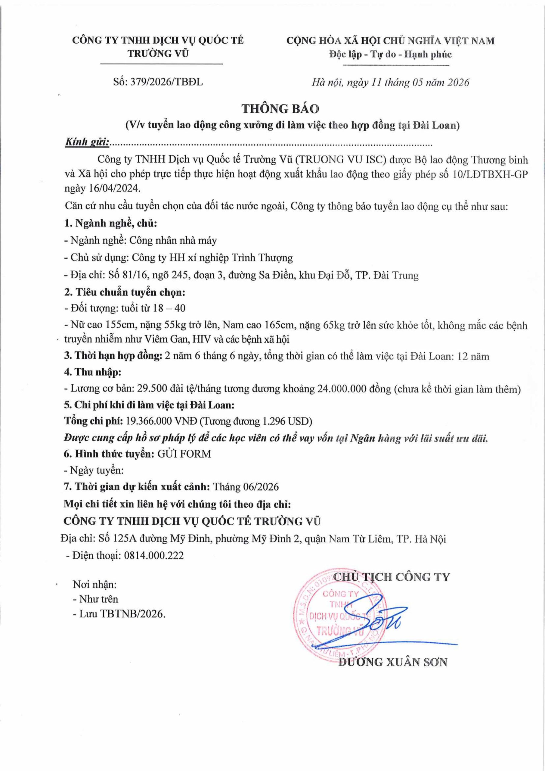 Thông báo tuyển lao động đi làm việc tại thị trường nước ngoài tháng 5 năm 2026