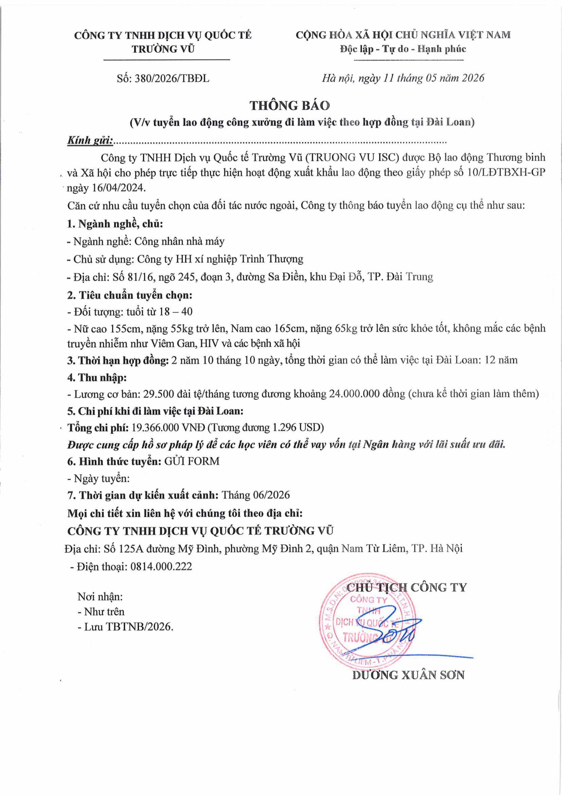 Thông báo tuyển lao động đi làm việc tại thị trường nước ngoài tháng 5 năm 2026