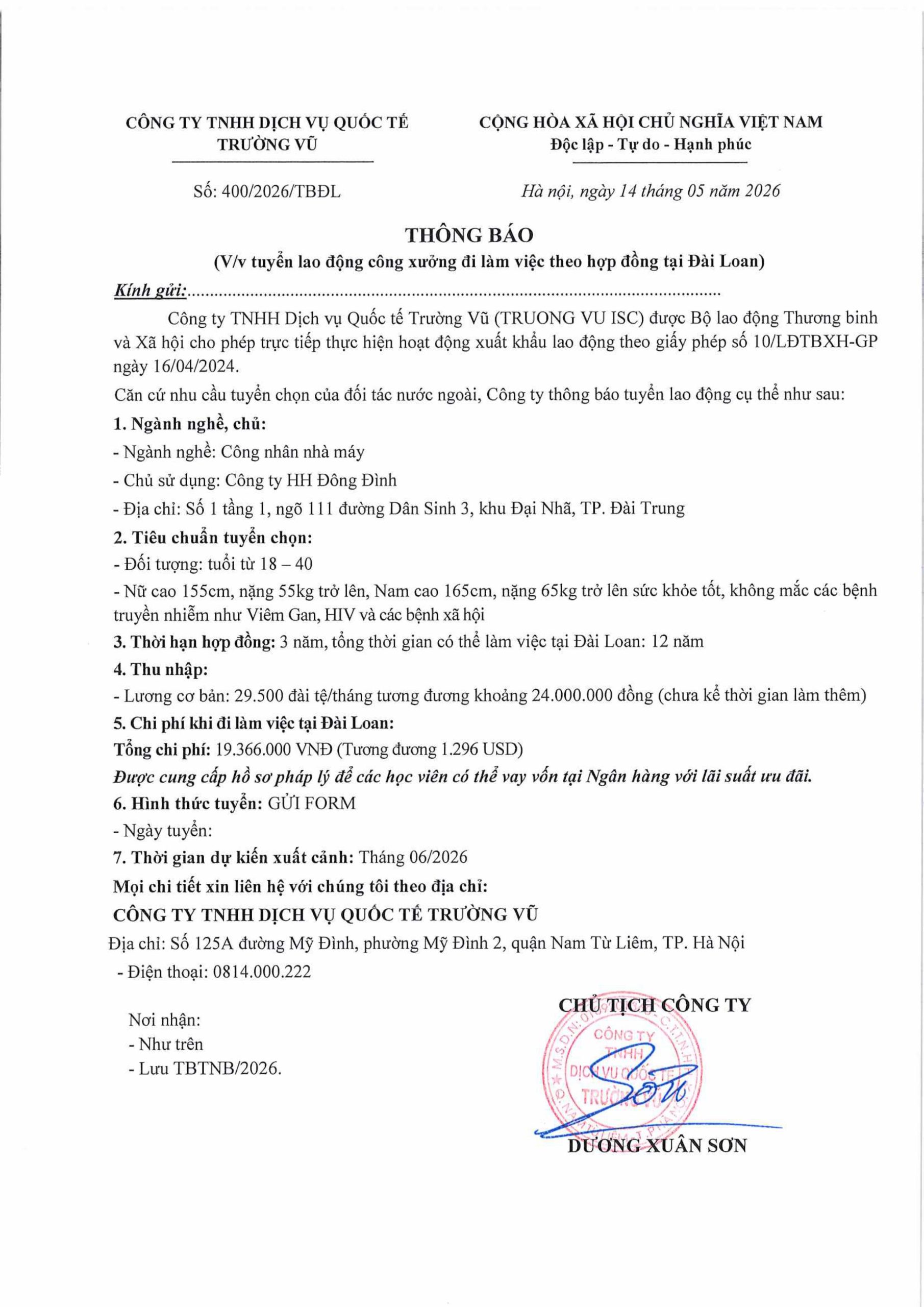 Thông báo tuyển lao động đi làm việc tại thị trường nước ngoài tháng 5 năm 2026