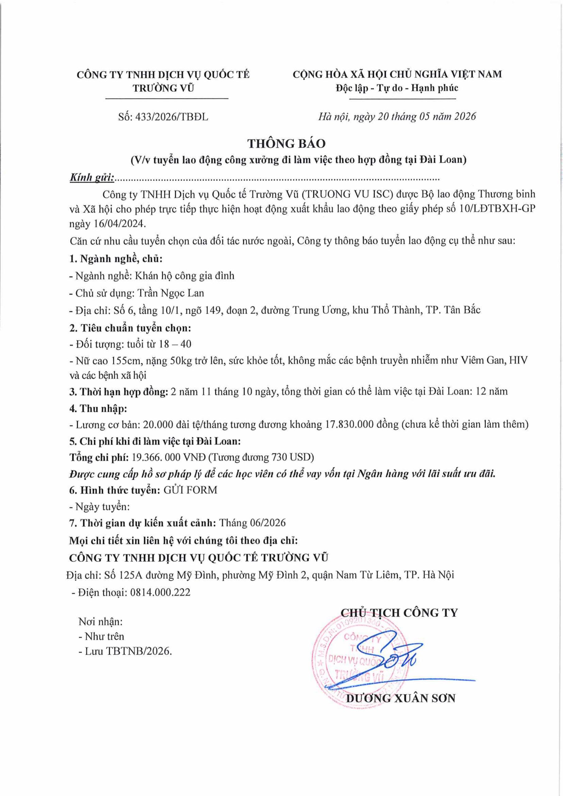 Thông báo tuyển lao động đi làm việc tại thị trường nước ngoài tháng 5 năm 2026
