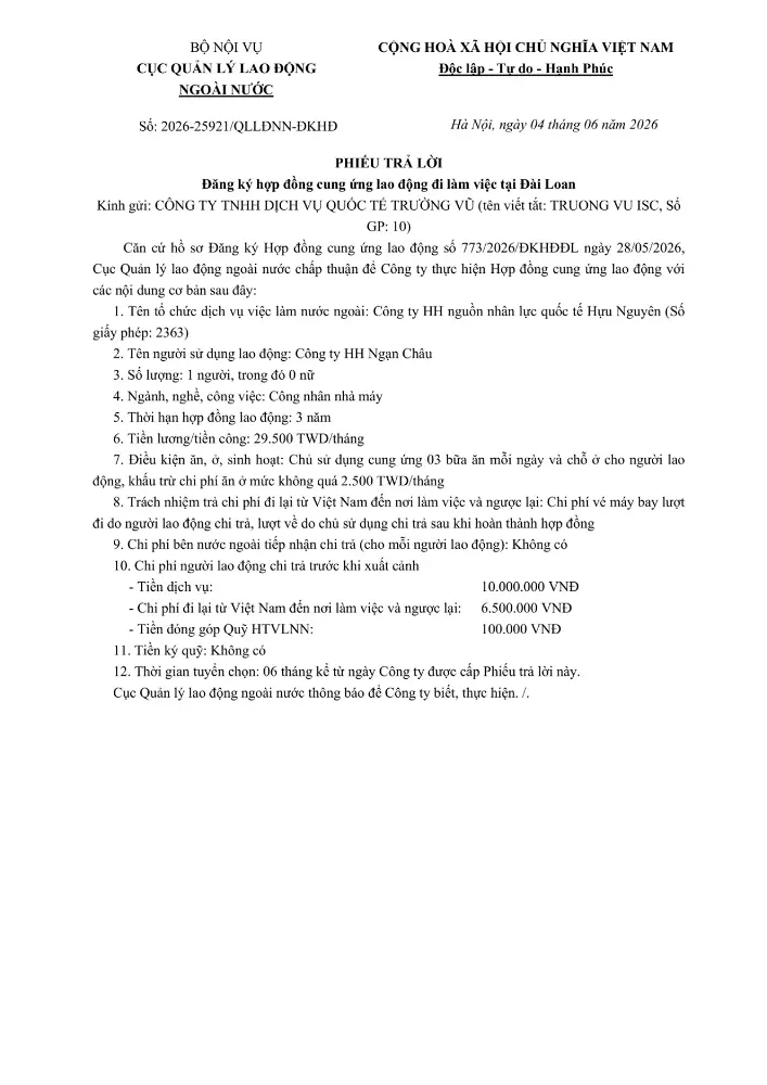 Phiếu trả lời đăng kí hợp đồng cung ứng lao động đi làm việc tại nước ngoài tháng 6 năm 2026