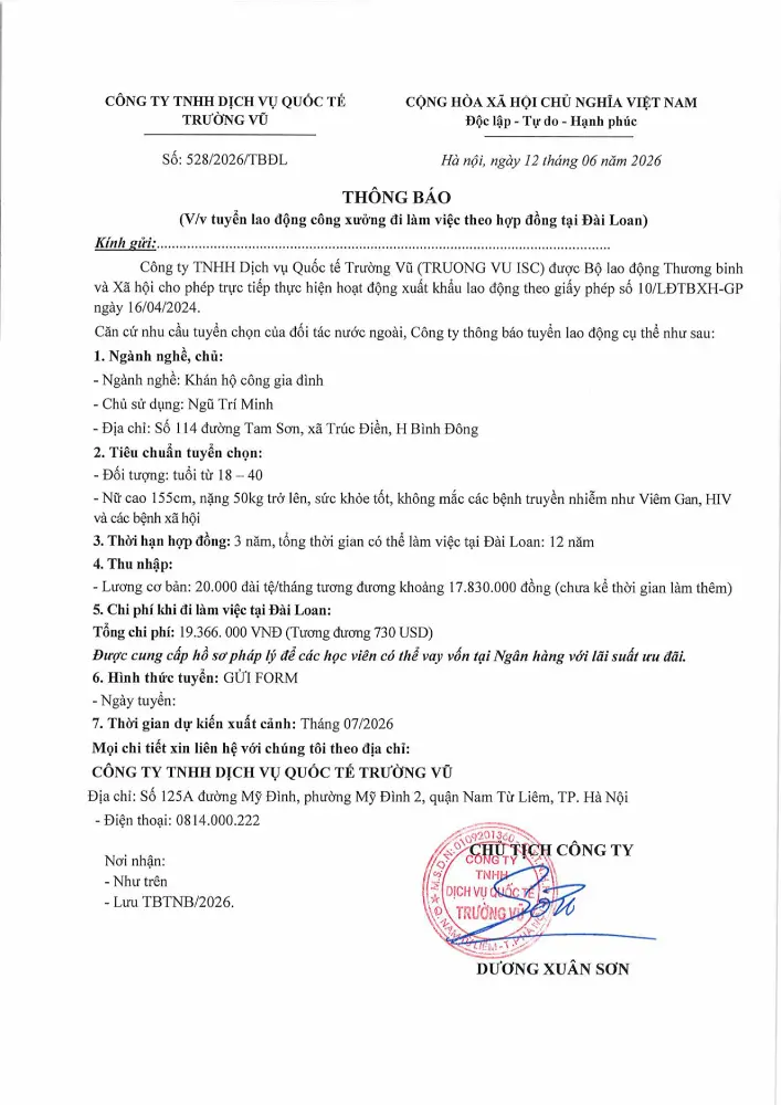 Thông báo tuyển lao động đi làm việc tại thị trường nước ngoài tháng 6 năm 2026