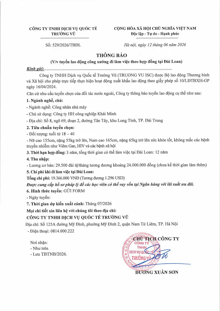 Thông báo tuyển lao động đi làm việc tại thị trường nước ngoài tháng 6 năm 2026