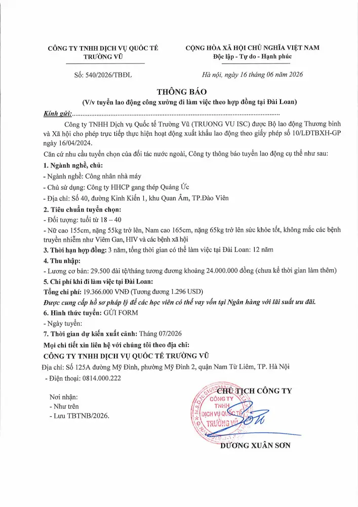 Thông báo tuyển lao động đi làm việc tại thị trường nước ngoài tháng 6 năm 2026