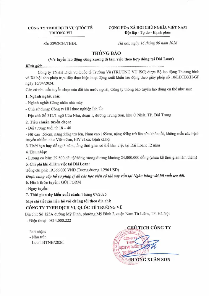 Thông báo tuyển lao động đi làm việc tại thị trường nước ngoài tháng 6 năm 2026