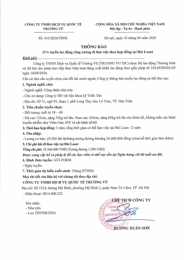 Thông báo tuyển lao động đi làm việc tại thị trường nước ngoài tháng 6 năm 2026