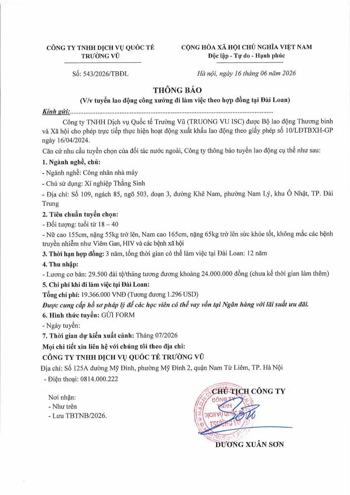 Thông báo tuyển lao động đi làm việc tại thị trường nước ngoài tháng 6 năm 2026