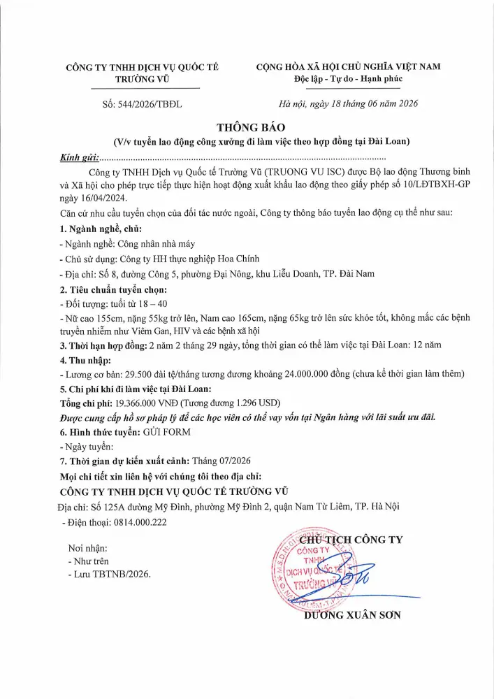 Thông báo tuyển lao động đi làm việc tại thị trường nước ngoài tháng 6 năm 2026
