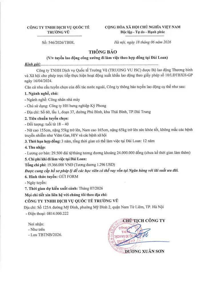 Thông báo tuyển lao động đi làm việc tại thị trường nước ngoài tháng 6 năm 2026