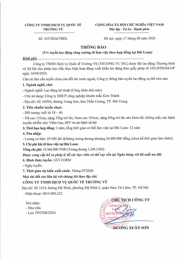 Thông báo tuyển lao động đi làm việc tại thị trường nước ngoài tháng 6 năm 2026