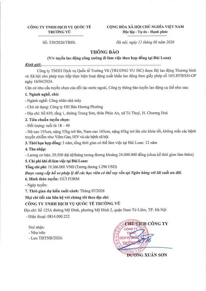 Thông báo tuyển lao động đi làm việc tại thị trường nước ngoài tháng 6 năm 2026