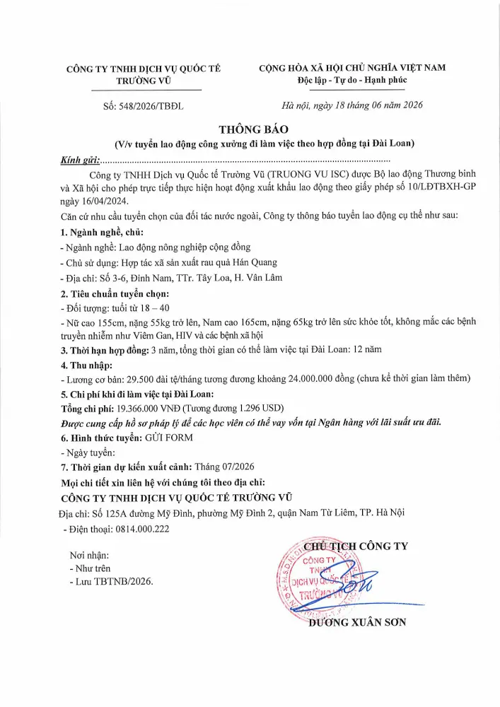 Thông báo tuyển lao động đi làm việc tại thị trường nước ngoài tháng 6 năm 2026