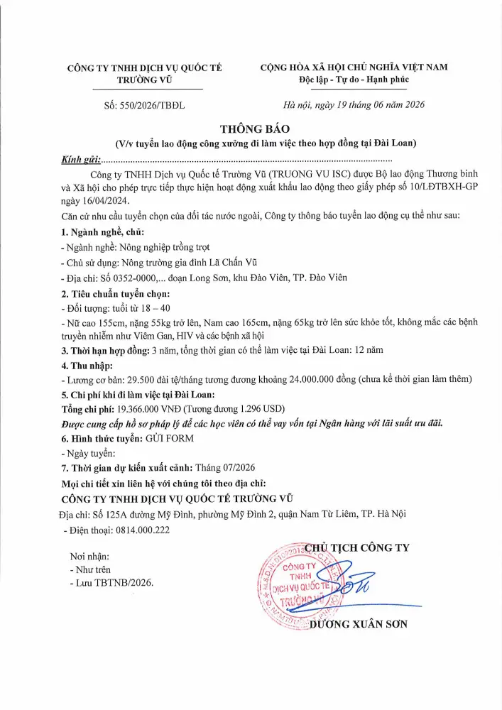 Thông báo tuyển lao động đi làm việc tại thị trường nước ngoài tháng 6 năm 2026