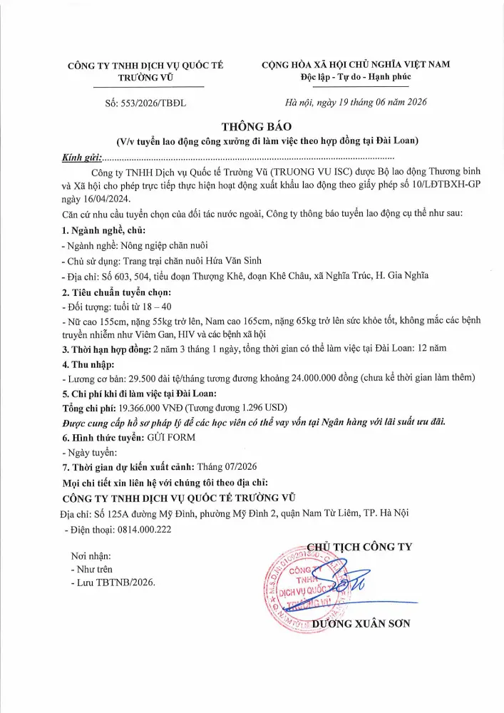Thông báo tuyển lao động đi làm việc tại thị trường nước ngoài tháng 6 năm 2026