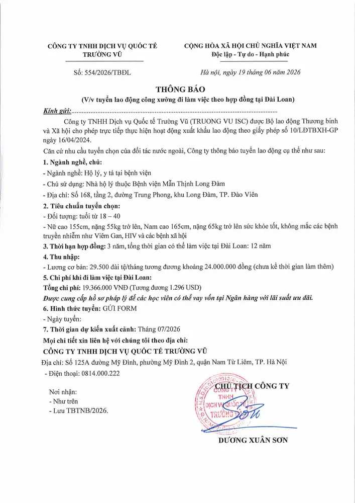 Thông báo tuyển lao động đi làm việc tại thị trường nước ngoài tháng 6 năm 2026