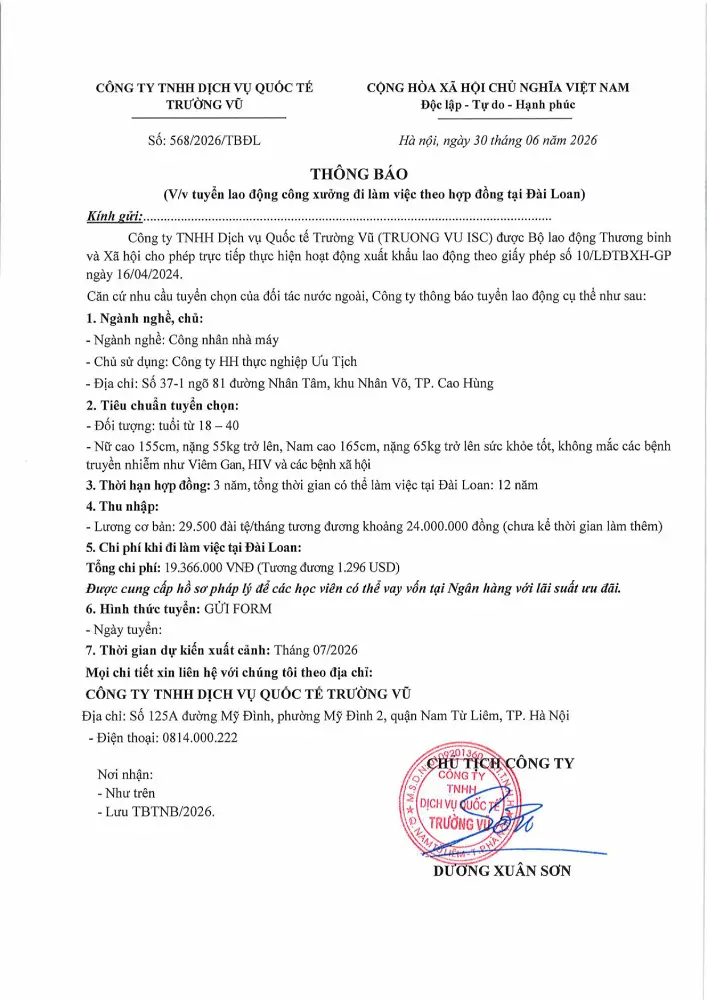 Thông báo tuyển lao động đi làm việc tại thị trường nước ngoài tháng 6 năm 2026
