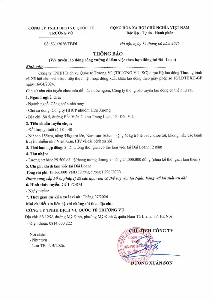 Thông báo tuyển lao động đi làm việc tại thị trường nước ngoài tháng 6 năm 2026