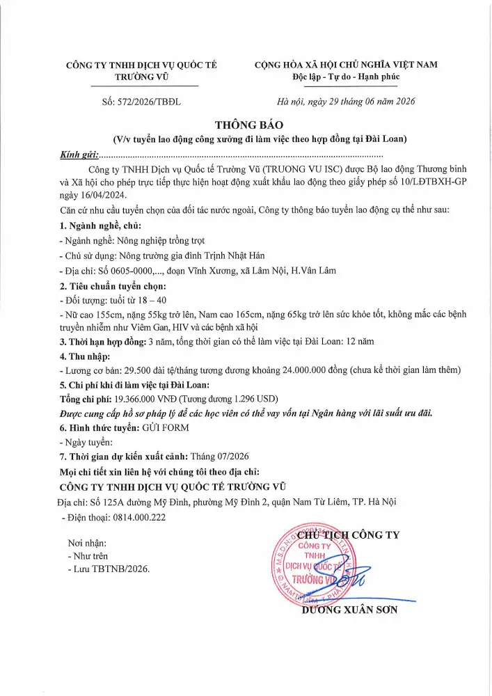 Thông báo tuyển lao động đi làm việc tại thị trường nước ngoài tháng 6 năm 2026