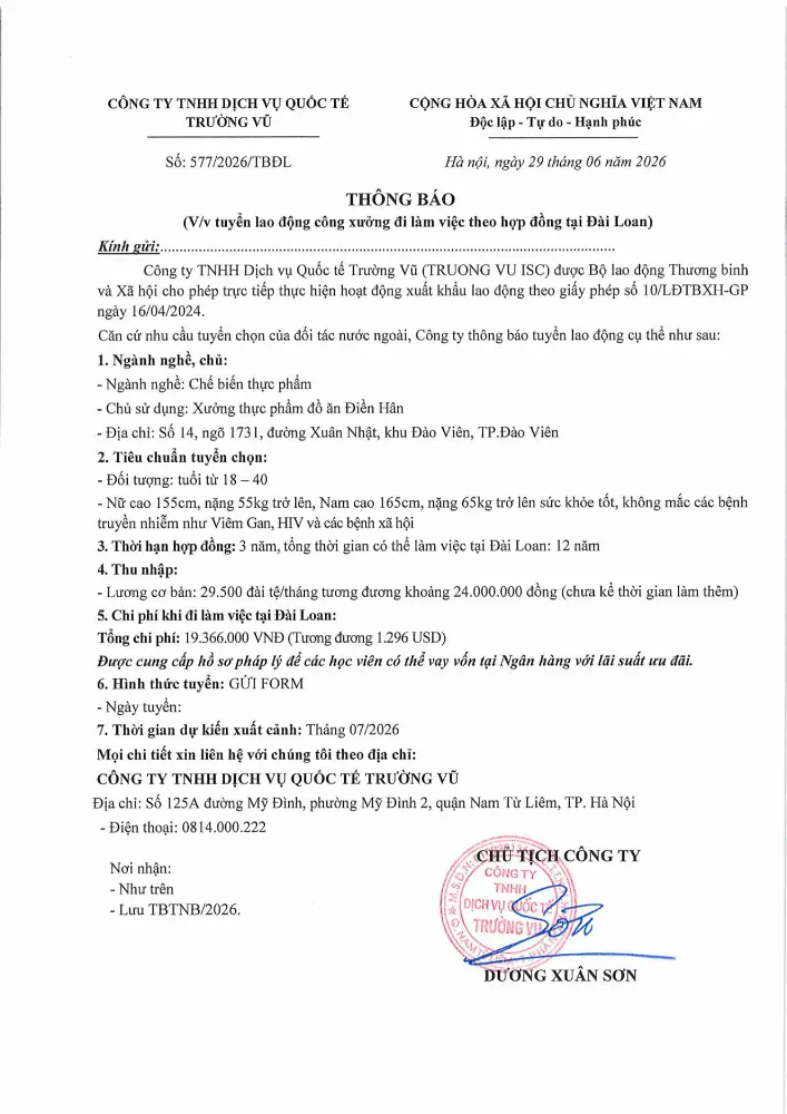 Thông báo tuyển lao động đi làm việc tại thị trường nước ngoài tháng 6 năm 2026