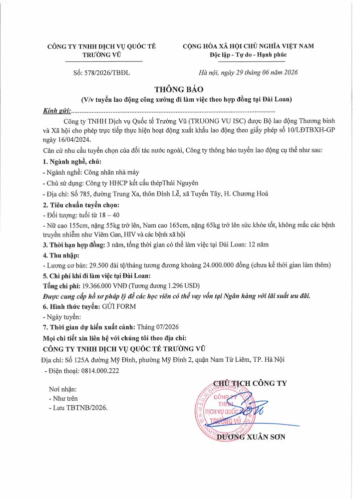 Thông báo tuyển lao động đi làm việc tại thị trường nước ngoài tháng 6 năm 2026