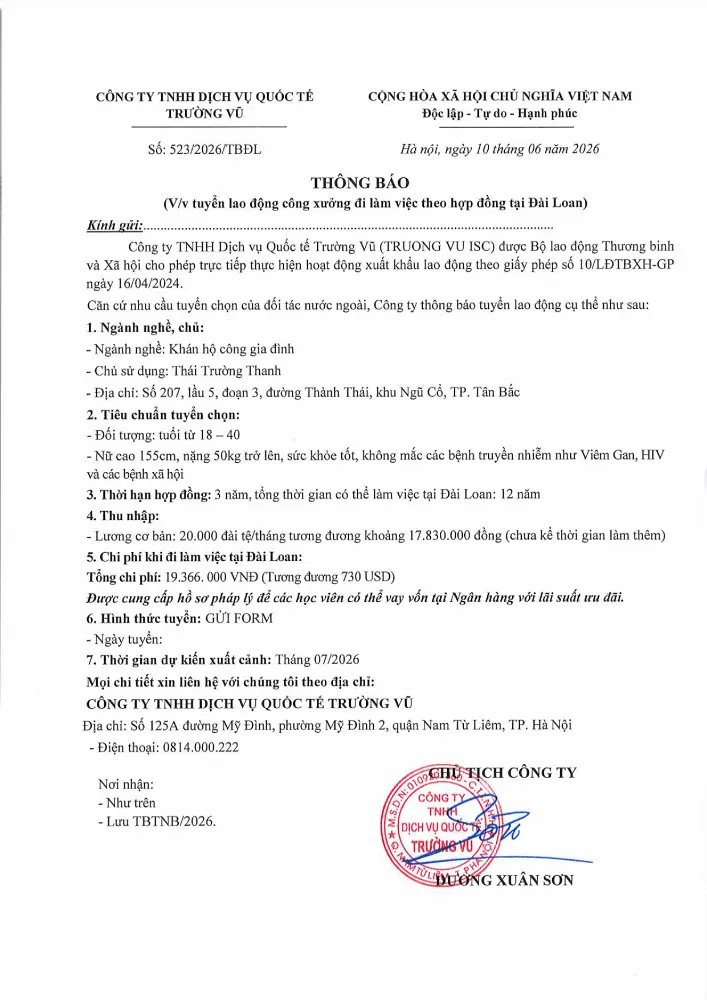 Thông báo tuyển lao động đi làm việc tại thị trường nước ngoài tháng 6 năm 2026