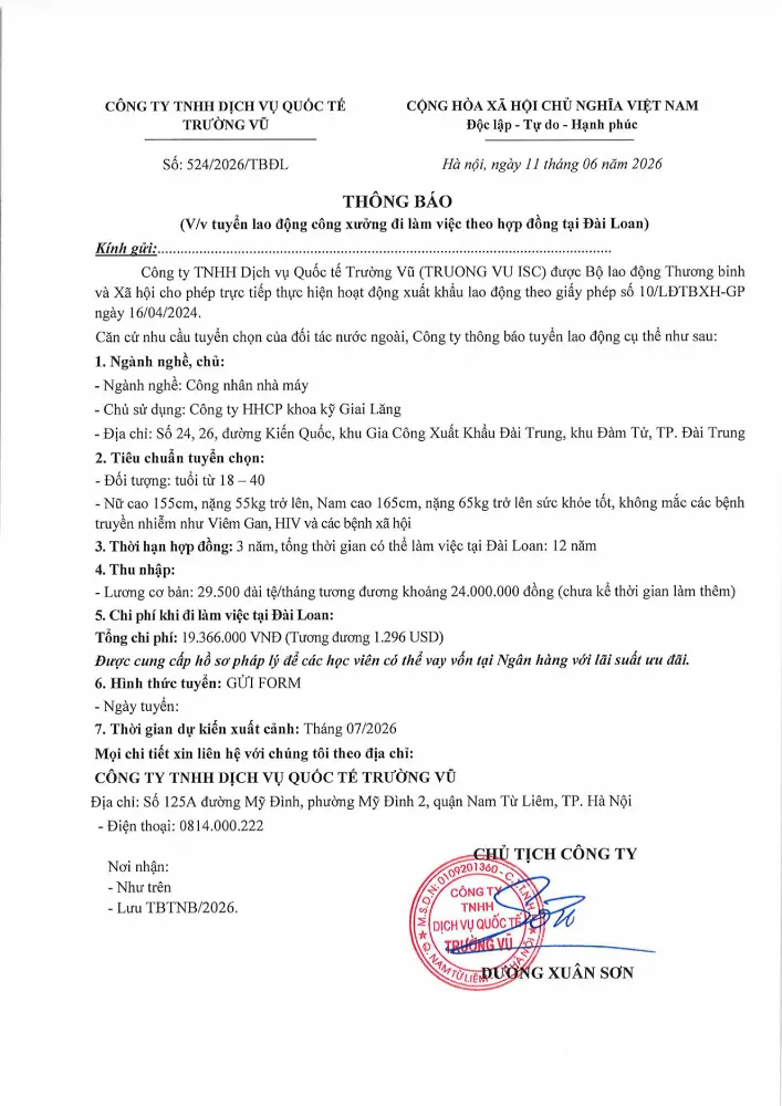 Thông báo tuyển lao động đi làm việc tại thị trường nước ngoài tháng 6 năm 2026