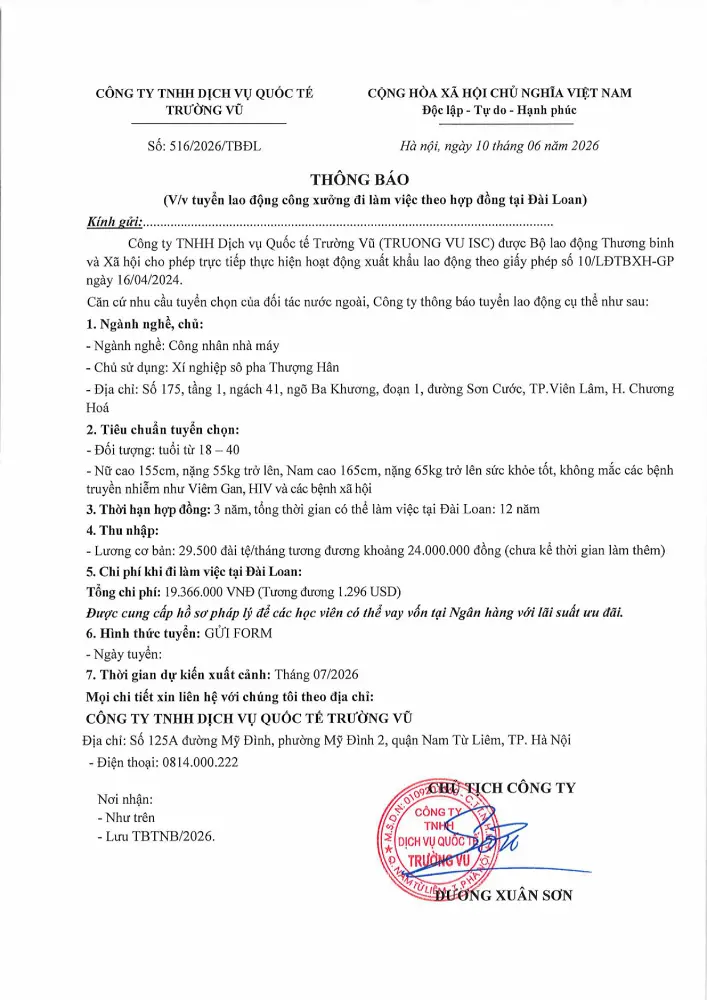 Thông báo tuyển lao động đi làm việc tại thị trường nước ngoài tháng 6 năm 2026