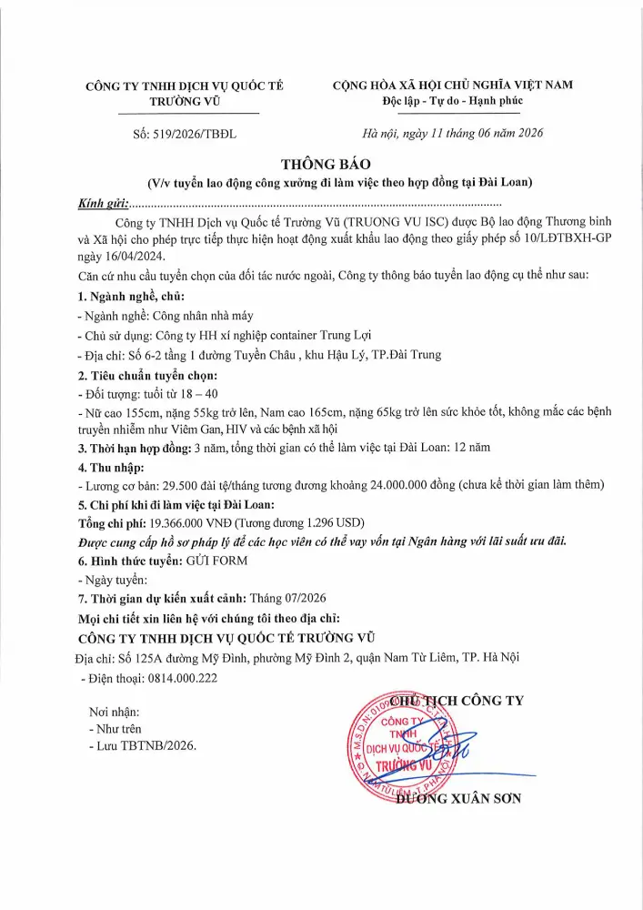 Thông báo tuyển lao động đi làm việc tại thị trường nước ngoài tháng 6 năm 2026